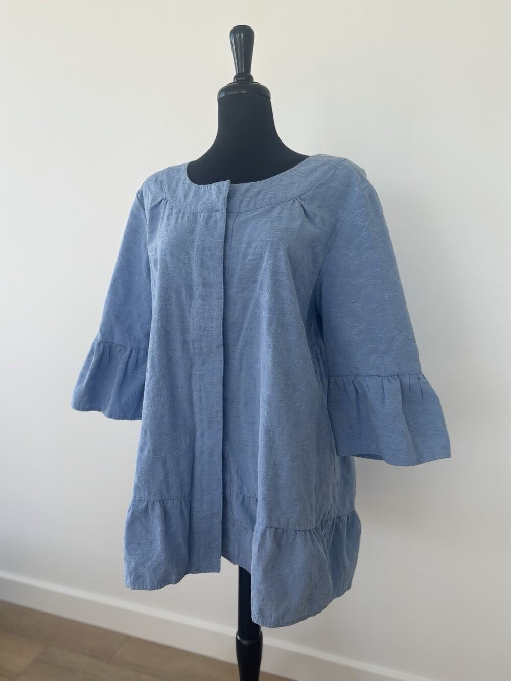 Ulla Popken Blue Tiered Embroidered Button Round Neck 3/4 Sleeve Blouse 16/18